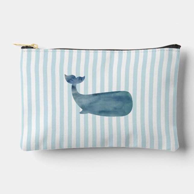 Blue Stripe Whale Coastal Makeup Accessory Pouch (Front)