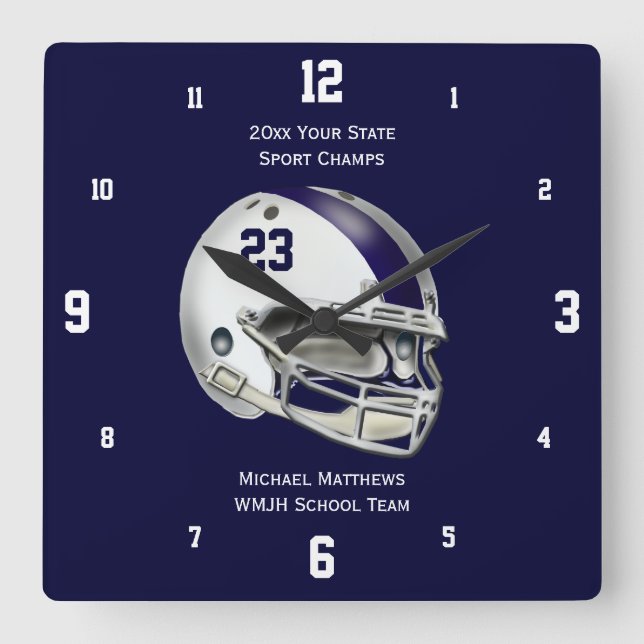 Blue Stripe White Football Helmet Name Clock (Front)