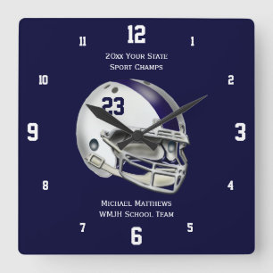 Blue Stripe White Football Helmet Name Clock