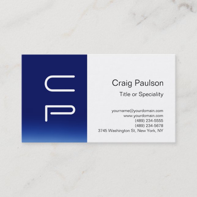 Blue Stripe White Monogram Modern Business Card (Front)