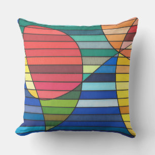 Blue Striped Abstract with Red and Yellow Shapes Cushion
