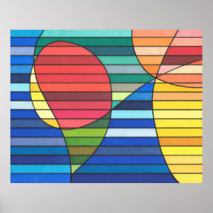 Blue Striped Abstract with Red and Yellow Shapes Poster
