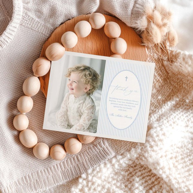 Blue Striped Baptism Flat Thank You Card (Creator Uploaded)