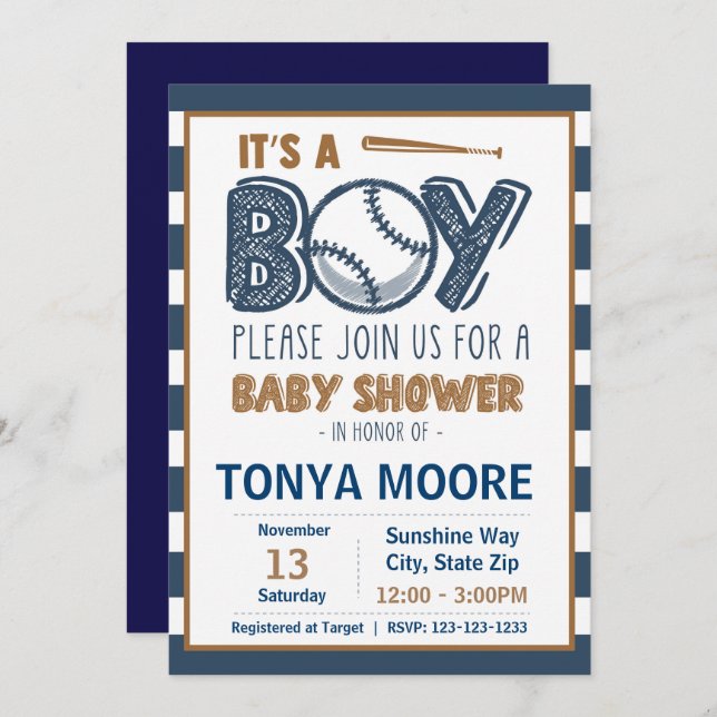 Blue Striped Baseball Baby shower Invitation (Front/Back)