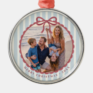 Blue Striped Bow Christmas Photo Metal Ornament