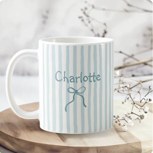 Blue Striped Bow Coquette Personalised Name Coffee Mug