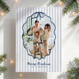Blue Striped Bow Merry Christmas Photo Holiday Card