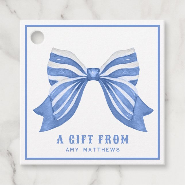Blue Striped Bow Personalised Favour Tags (Front)
