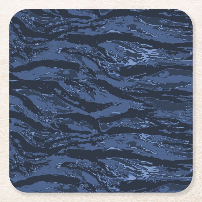Blue Striped Camo Square Paper Coaster (Front)
