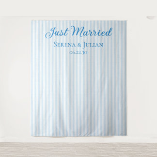 Blue Striped Coastal Just Married Wedding Backdrop Tapestry