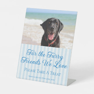 Blue Striped Coastal Photo Dog Treat Wedding Favou Pedestal Sign