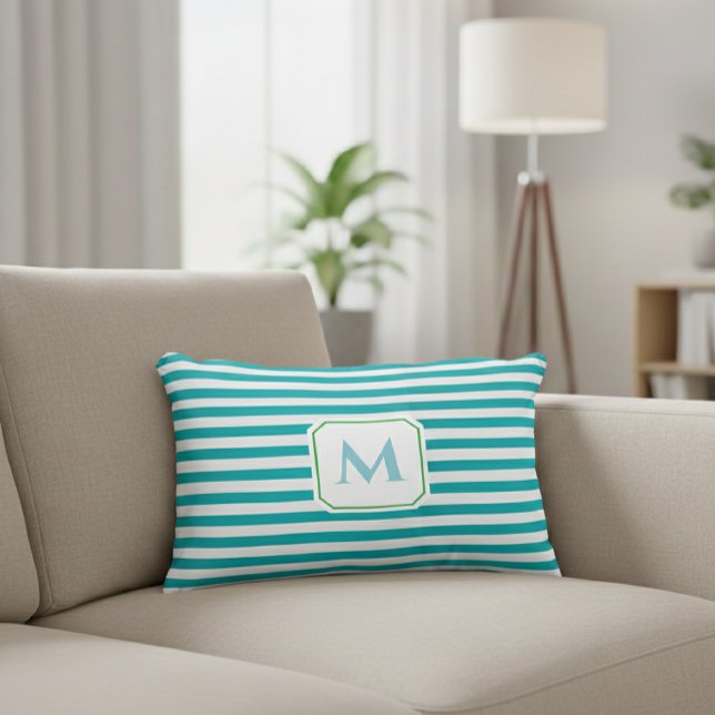 Blue Striped Decorative Pillow with Monogram  (Creator Uploaded)