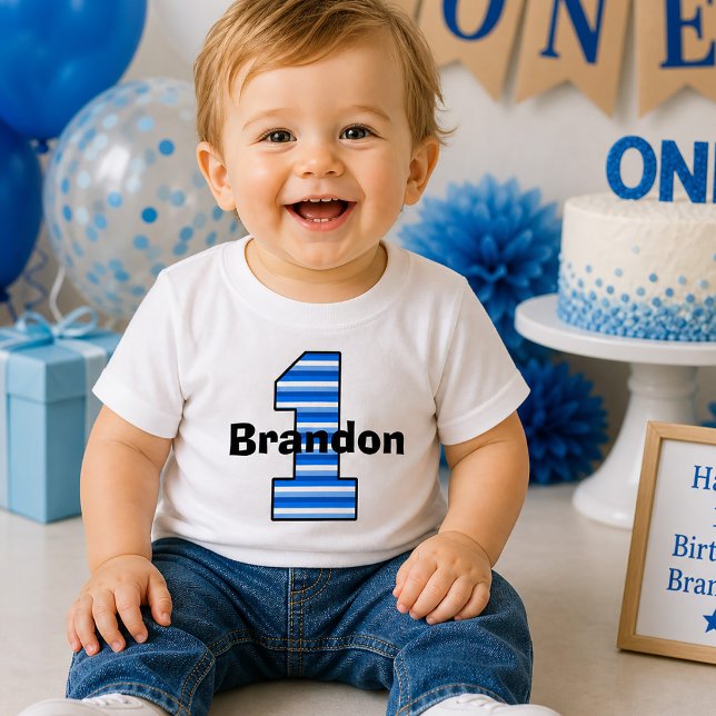 Blue Striped First Birthday Boy Shirt (Blue Striped First Birthday Boy Shirt)