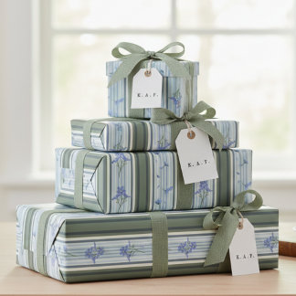 Blue Striped Floral Archive Personalized Wrapping Paper