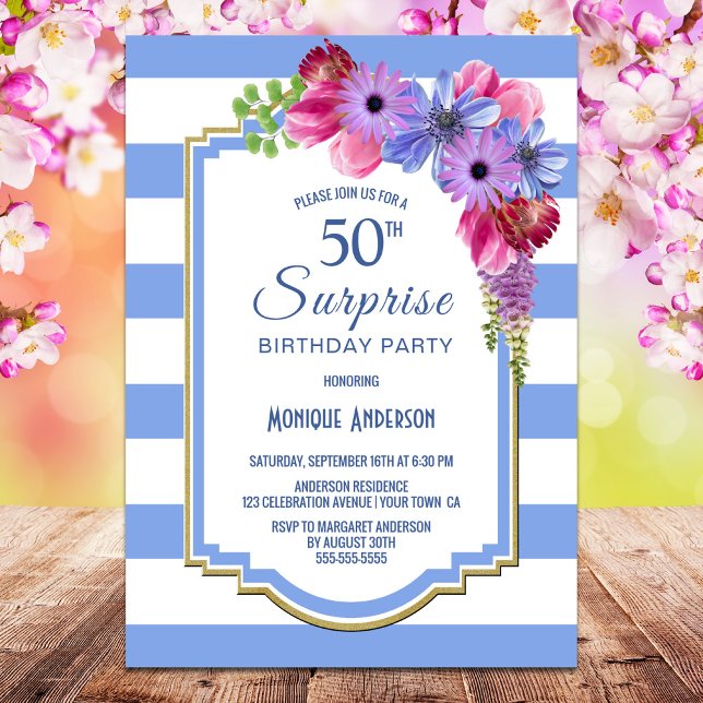 Blue Striped Floral Surprise 50th Birthday Party Invitation (Creator Uploaded)