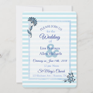 Blue Striped Floral Wedding Invitation