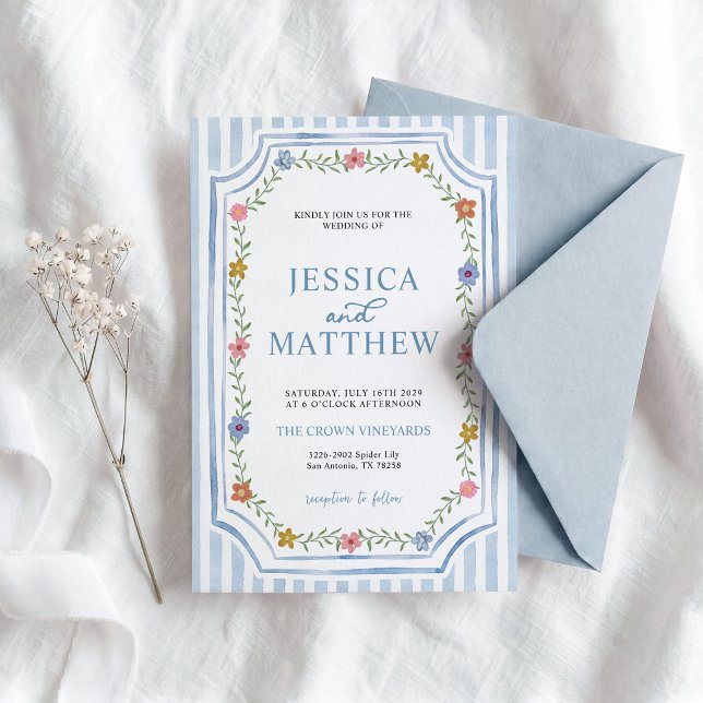 Blue Striped Floral Wedding Invitation (Creator Uploaded)