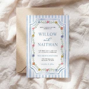 Blue Striped Floral Wedding Invitation