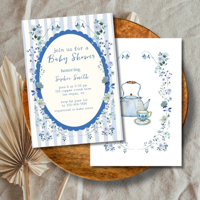 Blue Striped Garden Whimsical Wreath Baby Shower Invitation (Creator Uploaded)