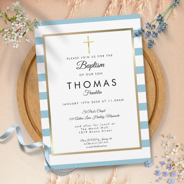 Blue Striped Gold Cross Baptism, Christening Invitation (Blue Striped Gold Cross Baptism, Christening Invitation)