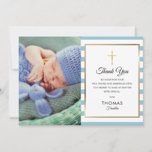 Blue Striped Gold Cross Baptism Christening Photo Thank You Card