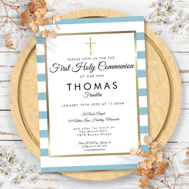Blue Striped Gold Cross First Holy Communion Invitation (Blue Striped Gold Cross First Holy Communion Invitation)