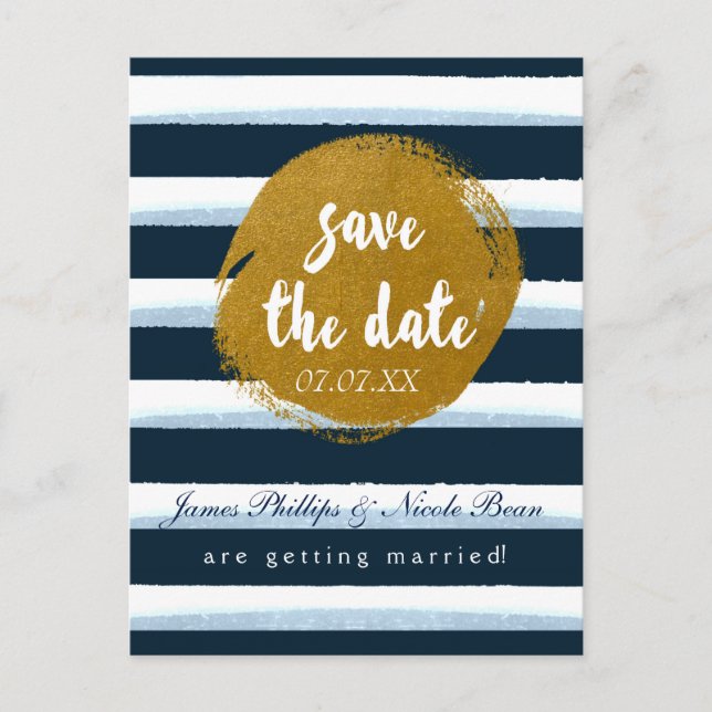 Blue Striped & Gold Foil Save The Date Postcard (Front)