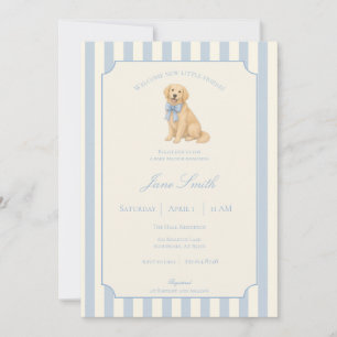 Blue Striped Golden Retriever Baby Shower Invitation