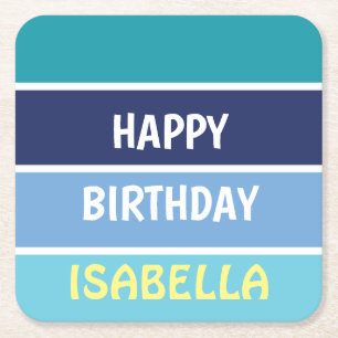 Blue Striped Happy Birthday Square Paper Coaster