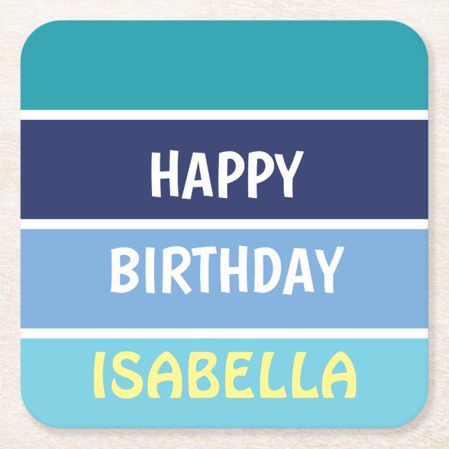 Blue Striped Happy Birthday Square Paper Coaster (Front)