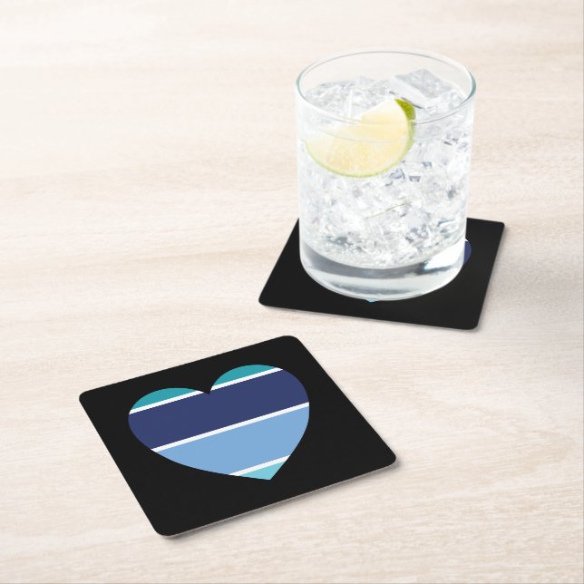 Blue Striped Heart Square Paper Coaster (Insitu)