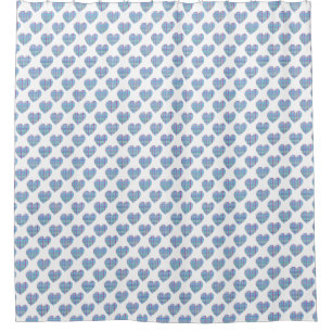 Blue striped hearts on white shower curtain