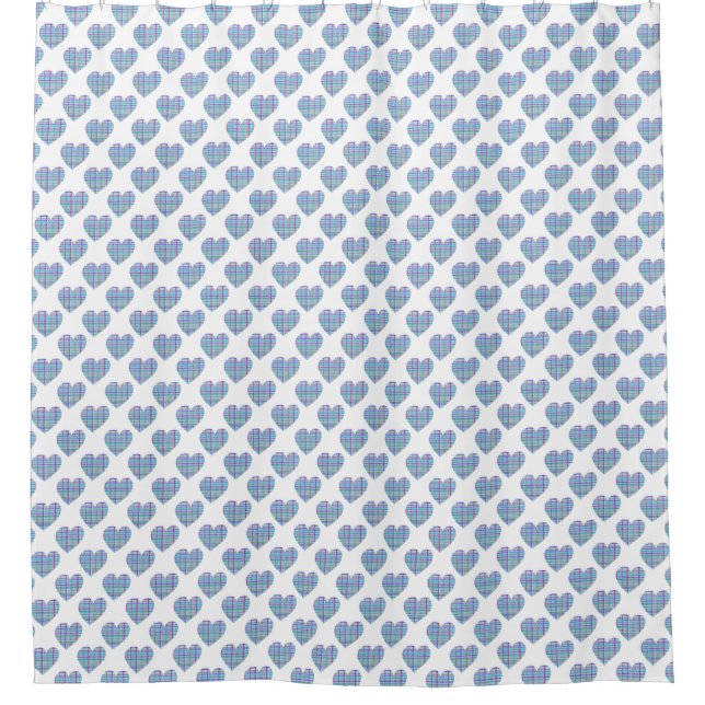 Blue striped hearts on white shower curtain (Front)