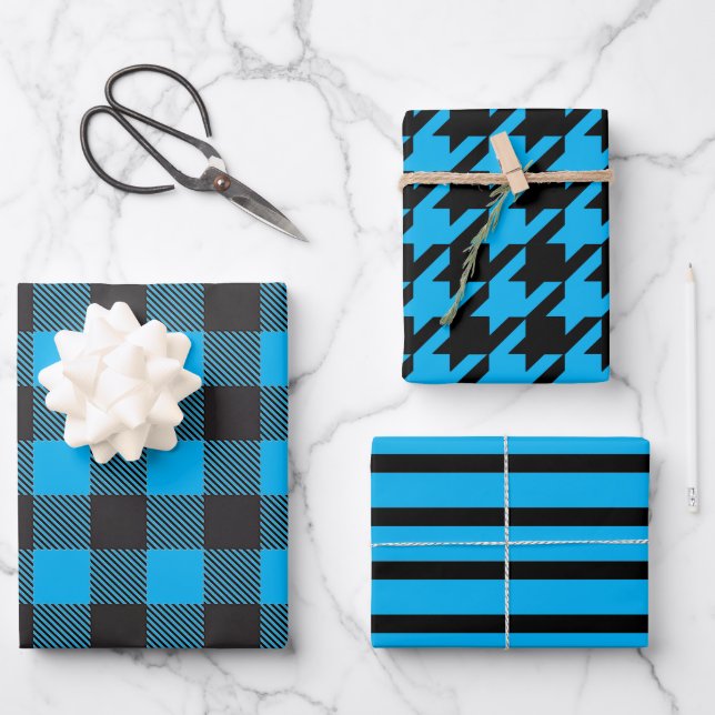 Blue Striped Houndstooth Buffalo Plaid Wrapping Paper Sheet (Front)