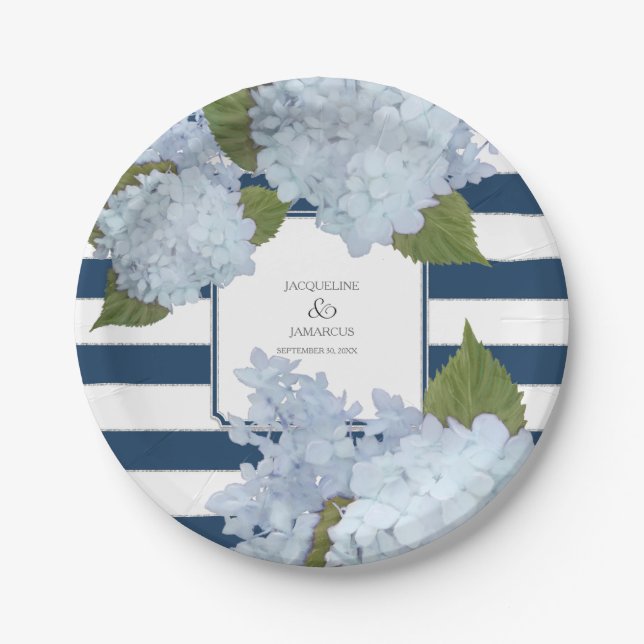 Blue Striped Hydrangea Floral Wreath Hand Painted Paper Plate (Front)