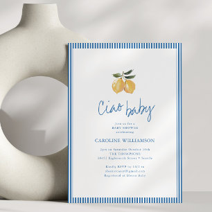 Blue Striped Lemon Ciao Baby Script Baby Shower Invitation