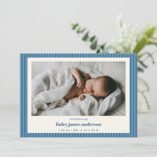 Blue Striped Modern Baby Boy Photo Birth Announcement