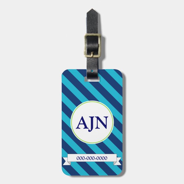 Blue Striped Monogram Luggage Tag (Front Vertical)