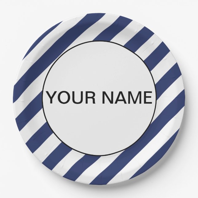Blue Striped Name Template Paper Plate (Front)