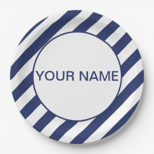 Blue Striped Name Template Paper Plate