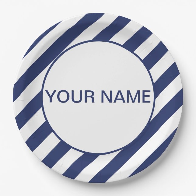 Blue Striped Name Template Paper Plate (Front)