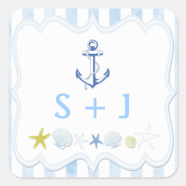 Blue Striped Nautical Wedding Favour Square Sticker (Front)