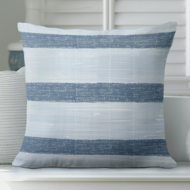 Blue Striped Pillow - Awning Stripes (Add Coastal Elegance to your living room with this blue decorative pillow with awning stripes.)