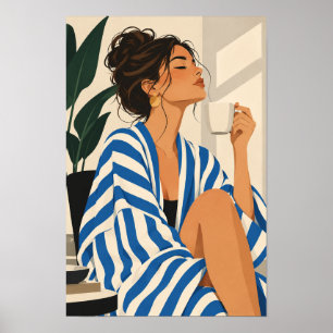 Blue Striped Robe Woman Fashion Illustration Poster