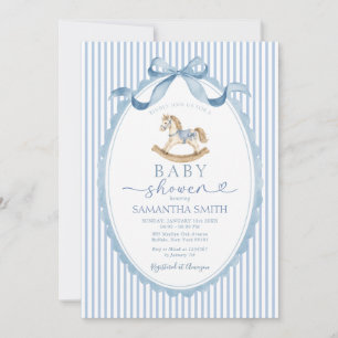 Blue Striped Rocking Horse Baby Shower Invitation