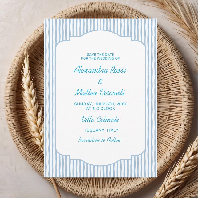 Blue Striped Save The Date Elegant Script Wedding Invitation (Creator Uploaded)