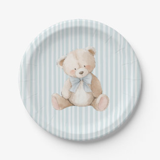 Blue Striped Teddy Bear Baby Birthday Paper Plates