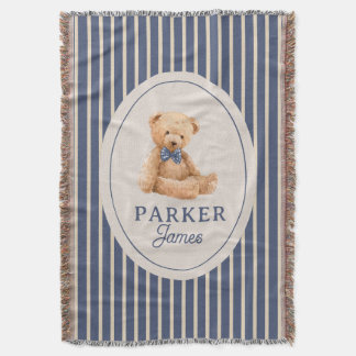 Blue Striped Teddy Bear Bow Tie Classic Nursery Throw Blanket