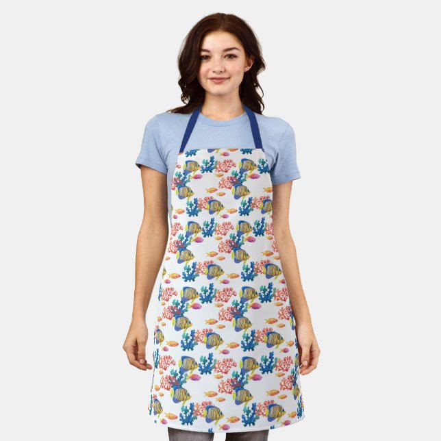 Blue striped tropical fish, coral reef pattern apron (Worn)