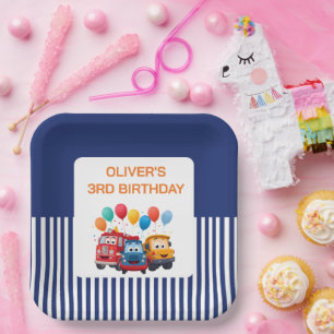 Blue Striped Truck Birthday Theme Paper Plate